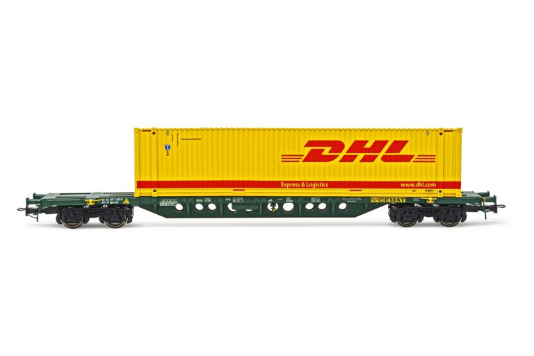 Rivarossi HR6575 Carro porta container a 4 assi Sgnss, livrea verde, con container "DHL" da 45 piedi, ep. V-VI Rivarossi