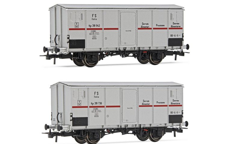 Rivarossi HR6562 FS, set di 2 carri refrigerati a 2 assi Ifms, cassa metallica, sagoma inglese, livrea argento con striscia rossa, ep. IIIb