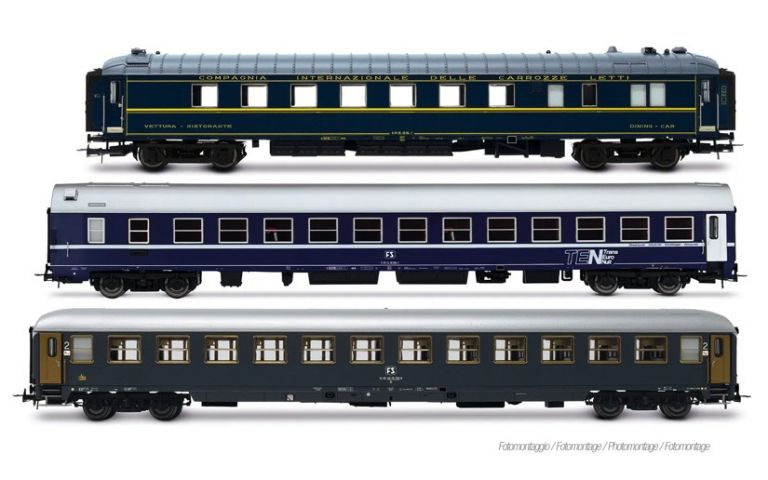 RIVAROSSI HO HR4410 FS, 3-unit pack of Exp 234/235 Remus Roma - Wien, WR "Pistoiesi" ex CIWL + WLABm MU '68 TEN + UIC-X '75 2nd class, grey