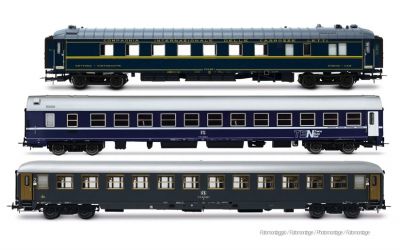 RIVAROSSI HO HR4410 FS, set di 3 carrozze Exp 234/235 "Remus" Roma-Vienna, WR "Pistoiesi" ex CIWL + WLABm MU '68 TEN + UIC-X '75 2ª classe grigio ardesia Rivarossi